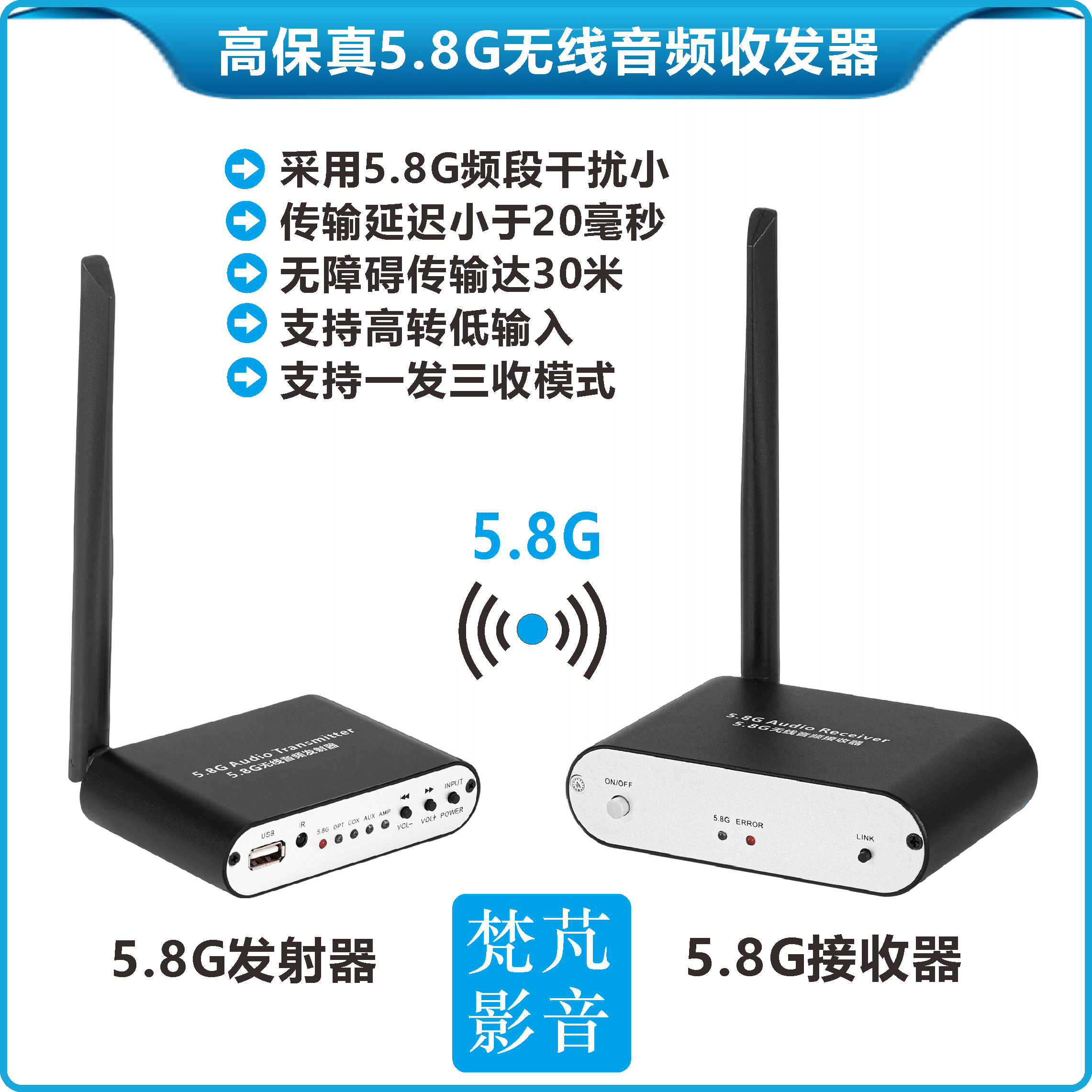 5.8G无线音频收发器5.1环绕发射功放高转低光纤同轴AUX背景音乐