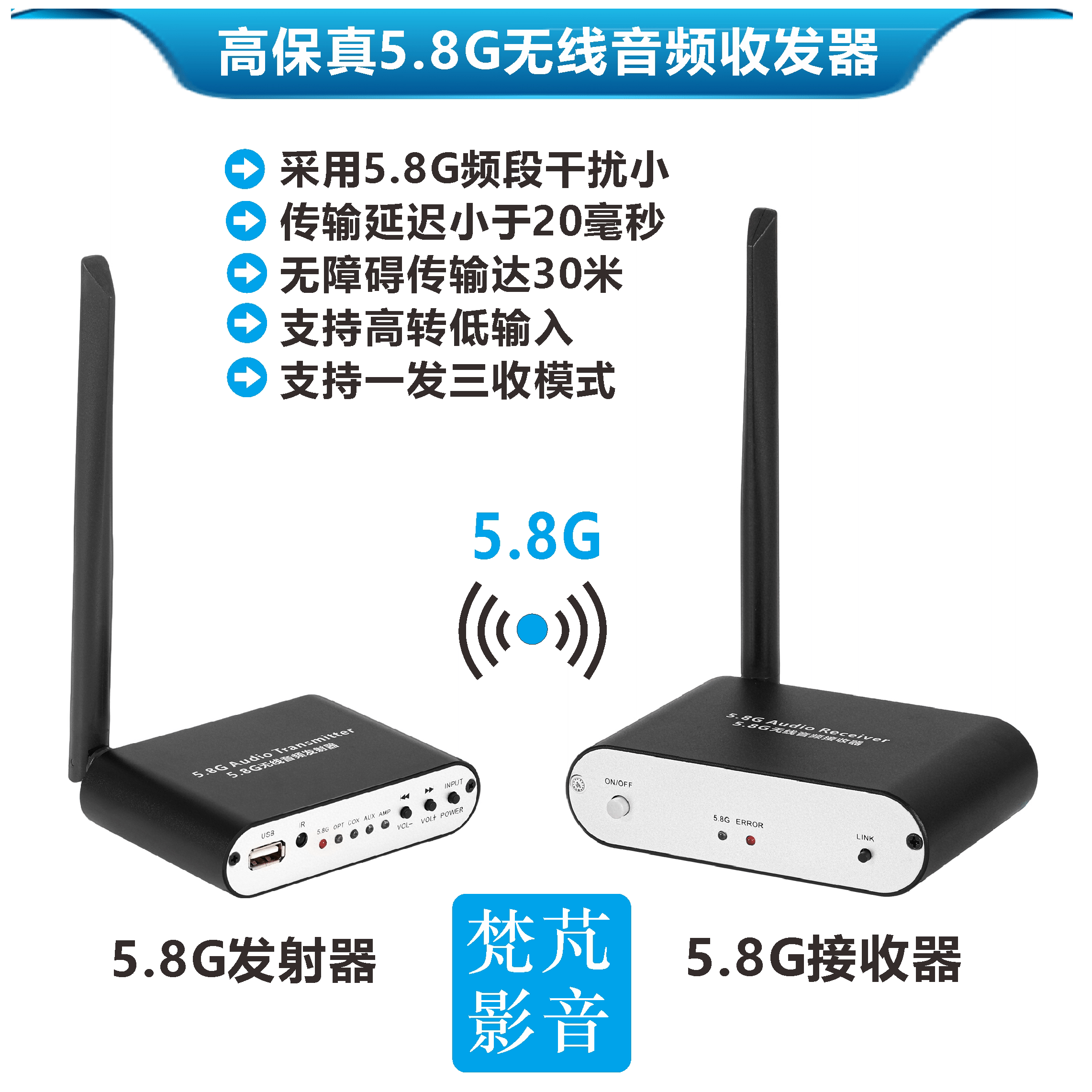 5.8G无线音频收发器5.1环绕发射功放高转低光纤同轴AUX背景音乐