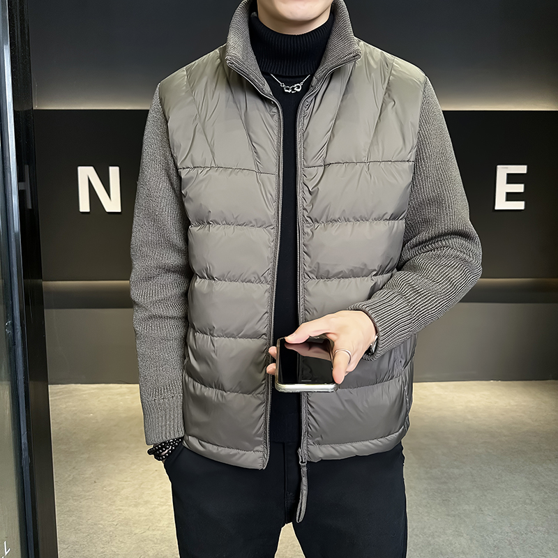 90白鸭绒羽绒服男短款冬季2025新款针织拼接高端立领轻薄加厚外套