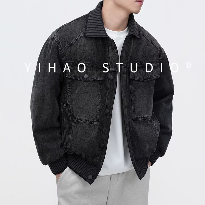Y1HAO STUD1O冬季男款90绒羽绒服夹克休闲牛仔拼接短款外套