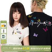 T恤男女情侣装 V领正肩显瘦修身 上衣 夏季 AFGK25SS环绕蝴蝶刺绣短袖