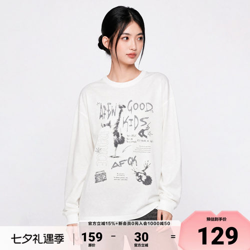 AFGK26SS做旧印花人像长袖宽松美式街头复古高街T恤圆领上衣男女