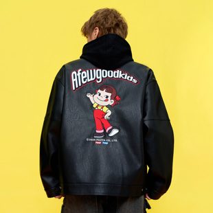 AFGK x 不二家联名  翻领皮衣秋季美式街头潮牌情侣复古夹克外套