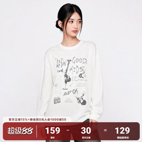 AFGK26SS做旧印花人像长袖宽松美式街头复古高街T恤圆领上衣男女