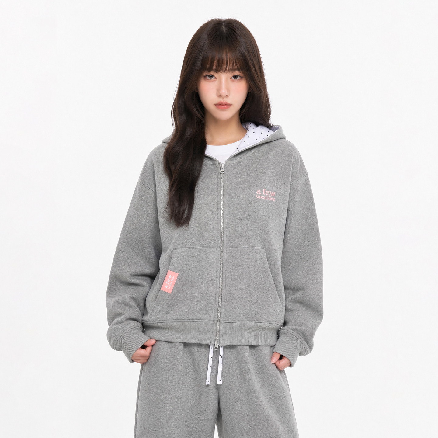 AFGK26FW空气层卫衣外套波点内里拉链连帽开衫宽松落肩休闲帽衫女图片