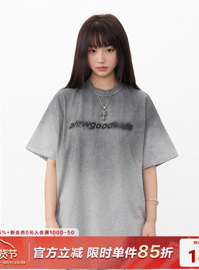 AFGK25SS美式渐变模糊字体短袖T恤夏季复古做旧男女休闲百搭体恤