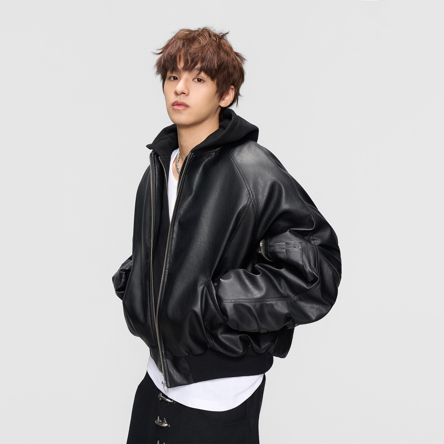 AFGK25FW假两件皮衣MA1飞行员绗棉夹克外套秋冬美式PU皮加厚棉服