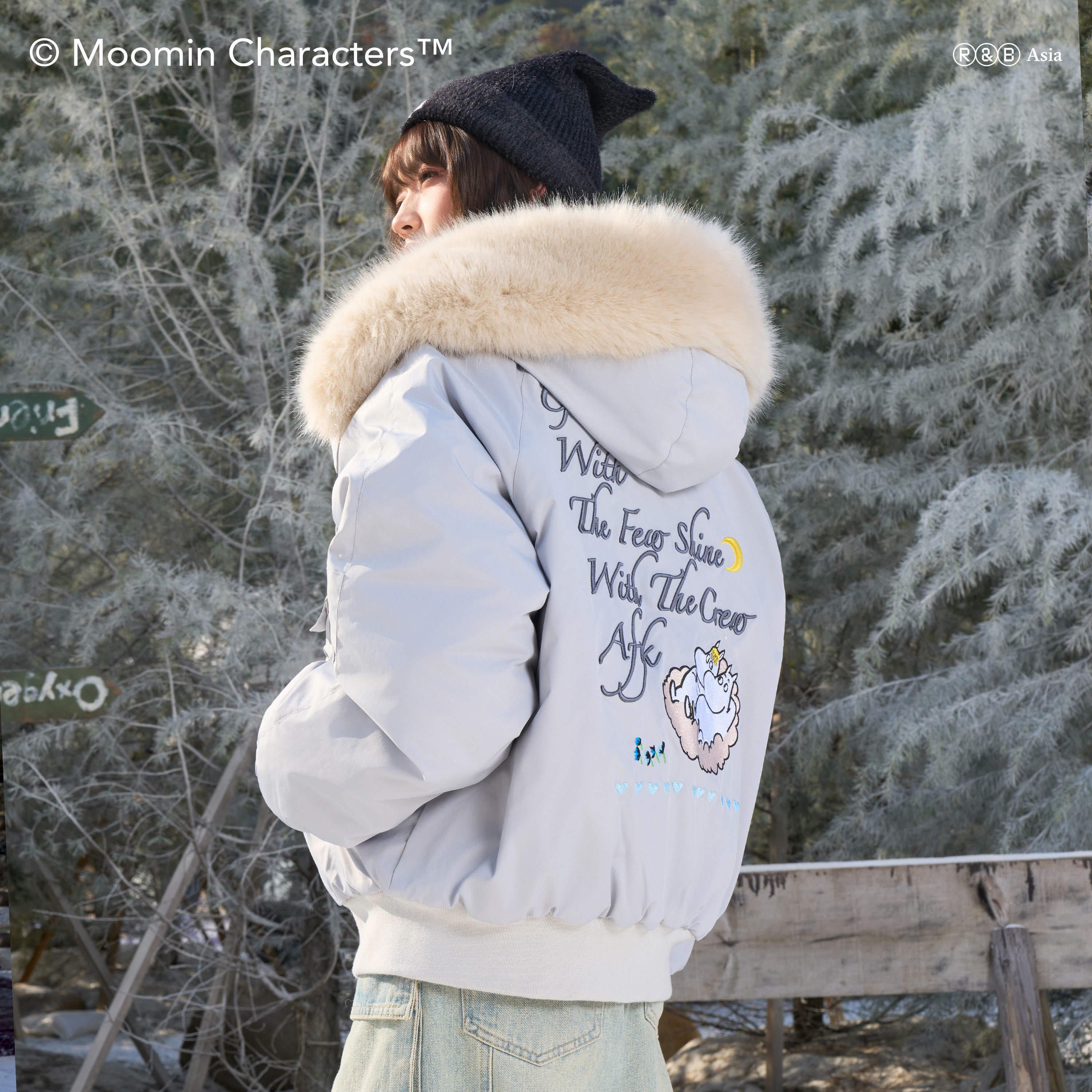 AFGK x Moomin姆明联名 冬季绗棉大毛领棉服男女派克服情侣外套