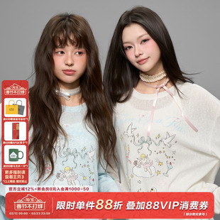 AFGK25FW手绘涂鸦天使罩衫美式针织镂空透气长袖T恤宽松百搭上衣