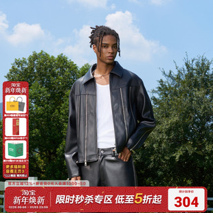 AFGK24FW美式 拉链拼接皮衣春秋潮牌黑色夹克上衣复古机车外套男女