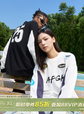 AFGK24FW美式徽章华夫格拼接球衣长袖T恤男女春秋情侣装运动上衣