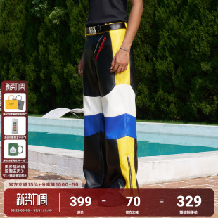 男女春秋潮牌小众设计感长裤 AFGK24FW美式 街头黑黄撞色拉链皮裤