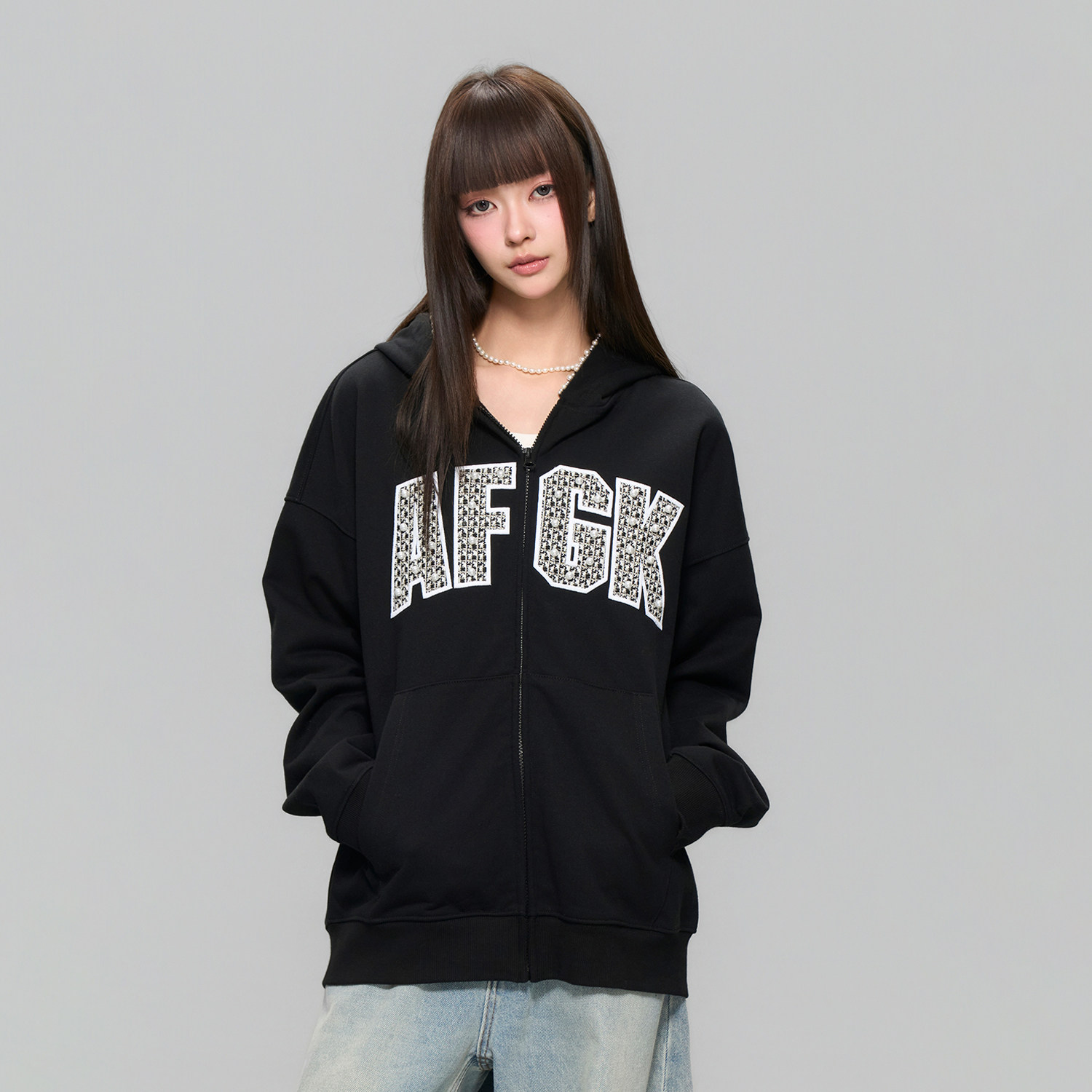 AFGK25FW小香风珍珠贴布绣开衫卫衣情侣休闲拉链帽衫男女百搭外套