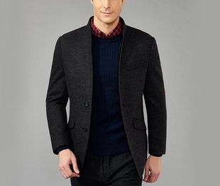 TD6827002 羊毛混纺毛呢大衣外套 纯色商务男装 立领二粒扣修身