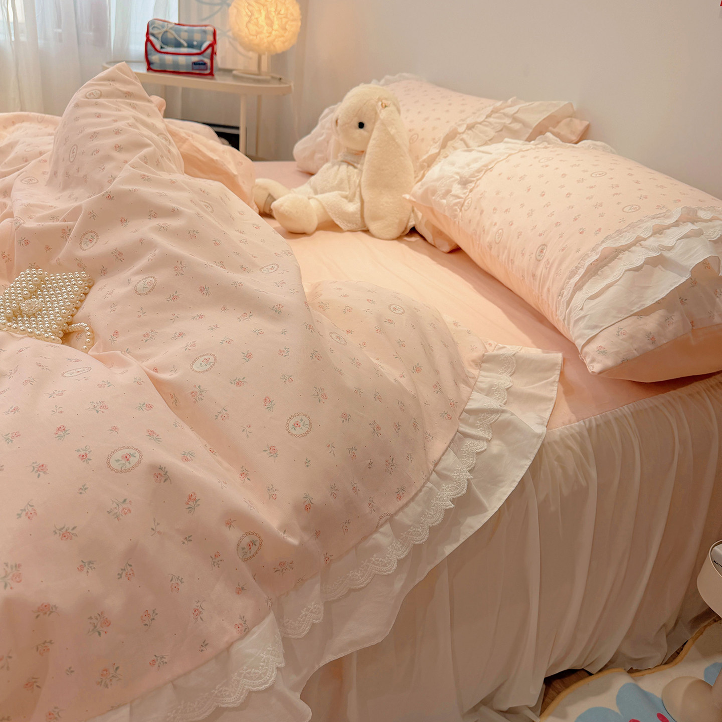 韩国ins花边款纯棉床裙四件套公主风全棉床单被套学生宿舍三件套4