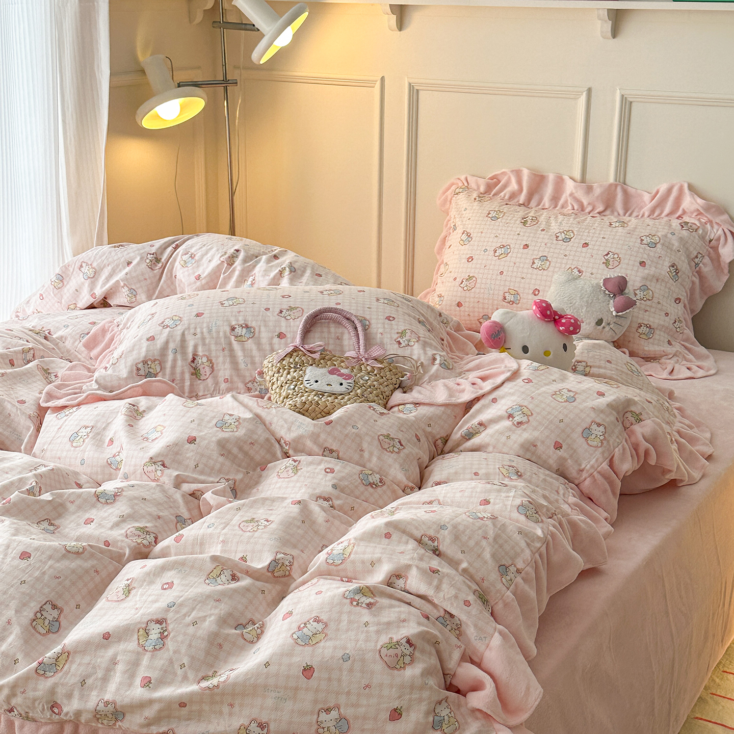 ins可爱草莓派猫猫棉+绒四件套