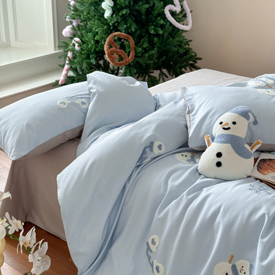 小雪人毛巾绣加厚磨毛纯棉四件套