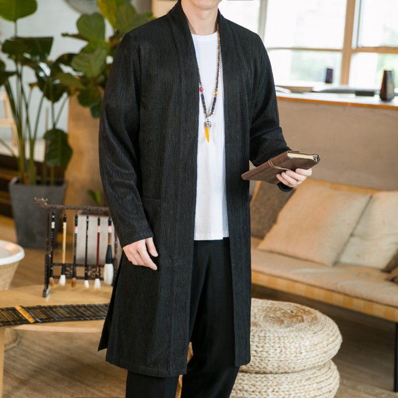 고대 스타일 HANFU 가운 코트 남성 봄 가을 새로운 중국 스타일 남성 린넨 중간 길이 도교 가운 캐주얼 가운