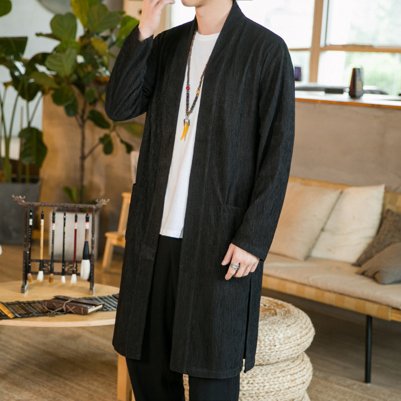 고대 스타일 HANFU 가운 코트 남성 봄 가을 새로운 중국 스타일 남성 린넨 중간 길이 도교 가운 캐주얼 가운