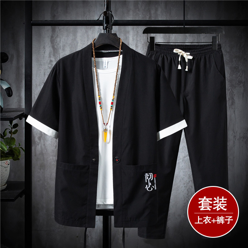 남성용 여름 반팔 양복 고대 스타일의 한푸 가디건 중국 스타일의 수놓은 다도복과 도교 가운 트렌디한 당나라 양복 플러스 사이즈 세트