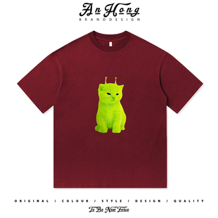 宽松休闲 T恤男装 趣味搞怪外星猫咪梗图meme创意印花美式 纯棉短袖