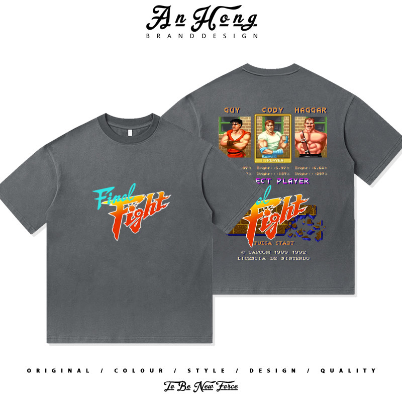 美式像素风快打旋风左右拳复古高街游戏纯棉短袖T恤百搭男装潮牌