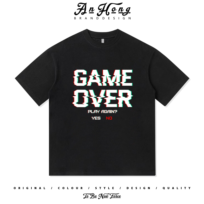 美式街机像素童年回忆游戏结束GAME OVER宽松纯棉短袖T恤夏季男装