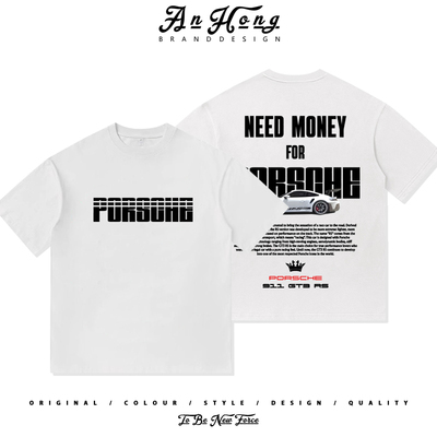 保时捷911GT3超跑改装复古印花美式纯棉短袖T恤男装上衣宽松休闲