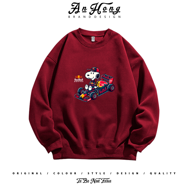 史努比联名法拉利F1车队赛车宽松休闲圆领卫衣纯棉长袖T恤衫男装