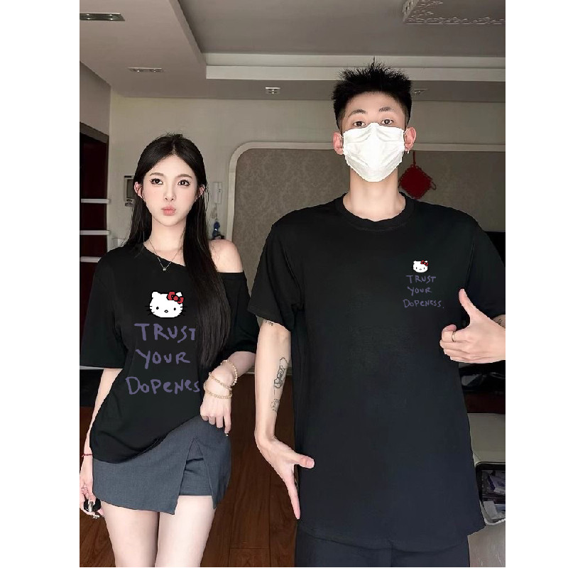 同色系夏季新款情侣装短袖斜肩设计感显瘦休闲慵懒风T恤上衣男女