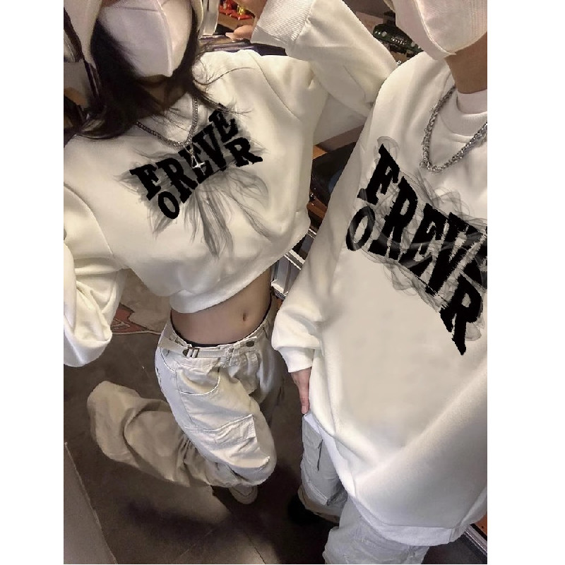 同色系新款情侣装卫衣百搭高级圆领一长一短慵懒风宽松上衣男女潮