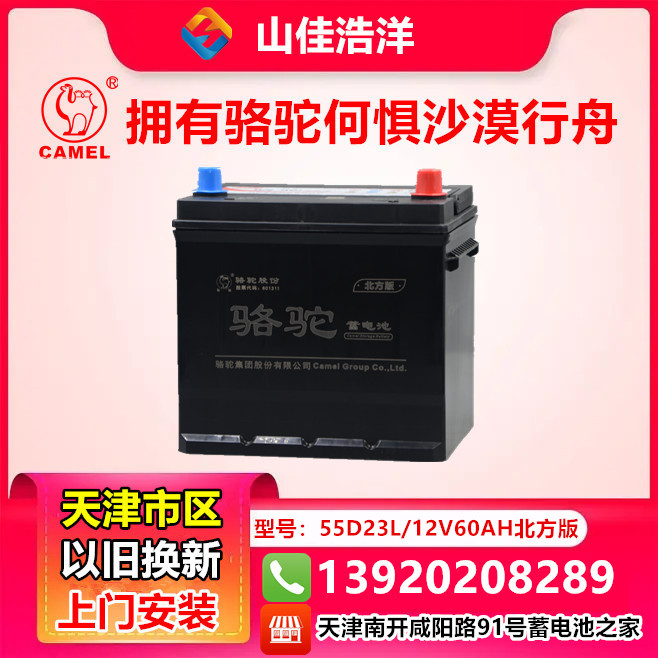 天津骆驼蓄电池55D23L适配帝豪F3菱悦狮跑花冠12V60AH汽车电瓶12V