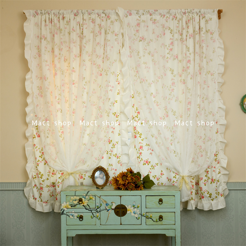 白学港风双层美式田园乡村碎花窗帘短帘飘窗蕾丝门帘柜帘奶油帘子