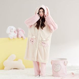 秋冬季新款加绒加厚暖暖毛绒睡袍家居服珊瑚绒睡衣女冬天保暖外穿