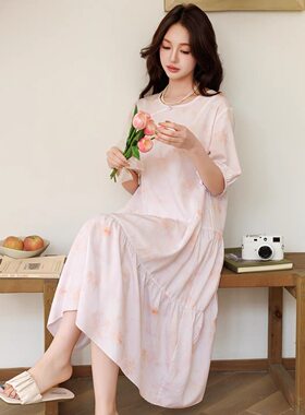 夏季中袖宽松棉绸碎花睡裙女国风家居服中长款人造棉凉快连衣裙薄