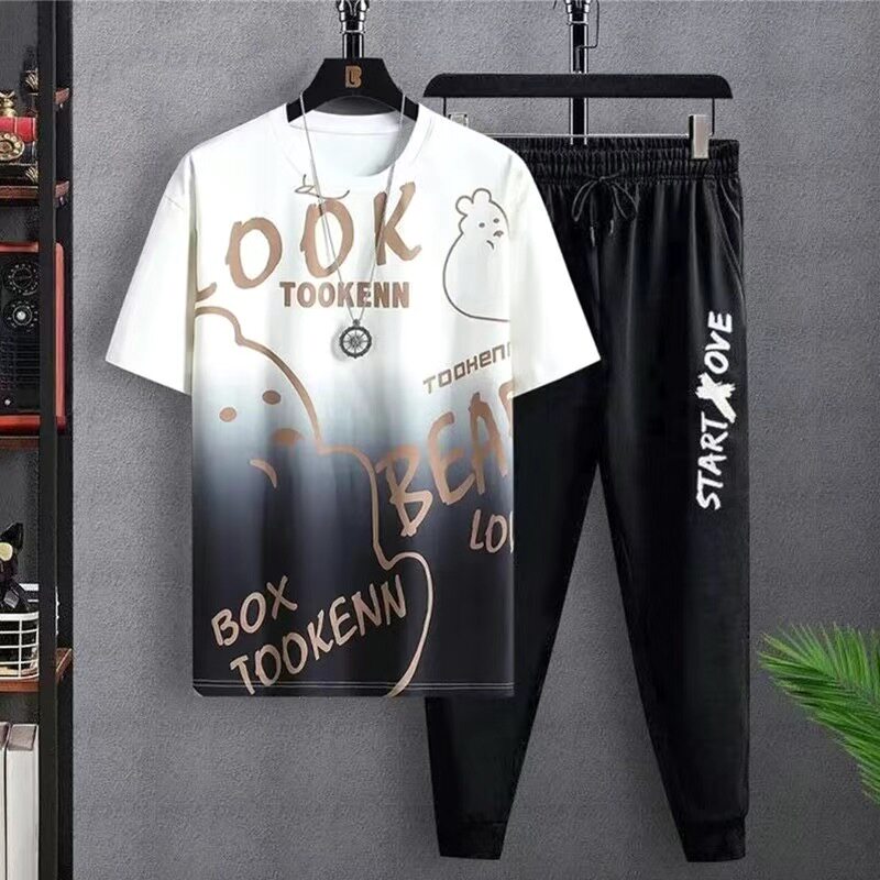 2025夏季休闲套装男学生韩版潮流帅气青少年冰丝短袖T恤一套衣服