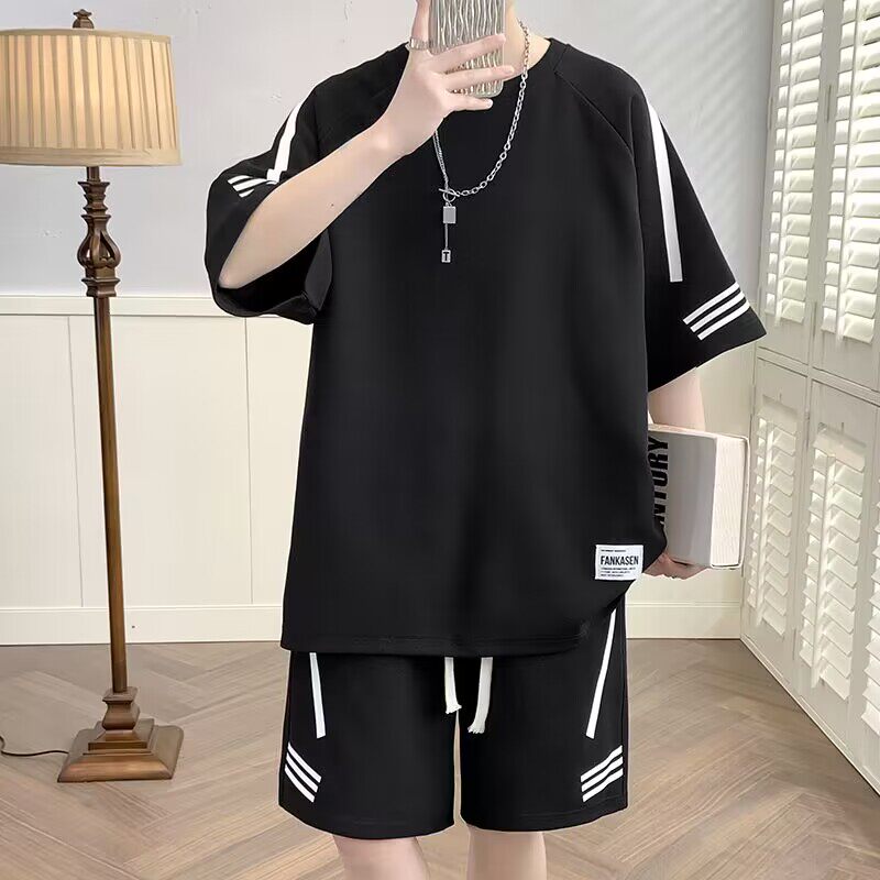 新款运动服男士薄款休闲学生短袖T恤夏季一整套五分宽松短裤套装