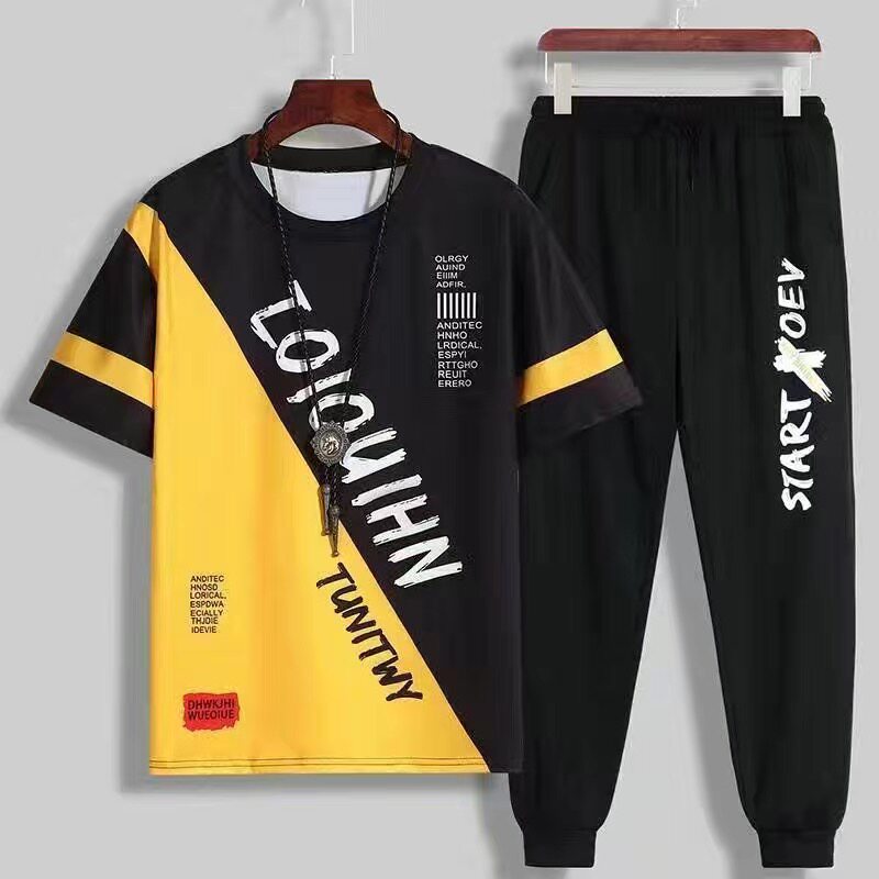 休闲套装男士2023夏季新款冰丝韩版潮流短袖t恤长短裤一套男1/2件