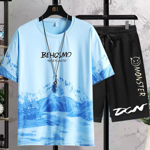 清仓捡漏休闲套装男装运动夏季薄款冰丝短袖短裤潮流衣服男童一套