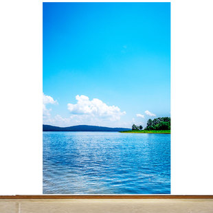 竖版蓝天白云湖泊山水画卧室背景墙壁画财源滚滚自然家居风景贴画