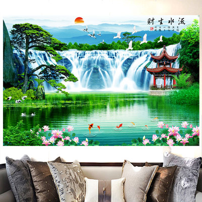 大瀑布迎客松山水画流水生财莲年有鱼海报装饰画沙发背景墙贴纸画