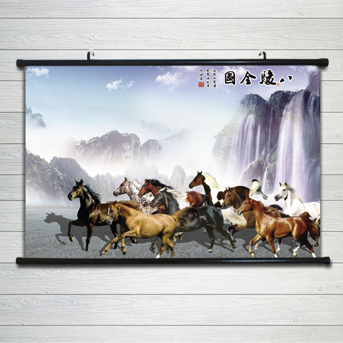 八骏马图挂画新中式装饰画励志流水生财办公室挂画万马奔腾客厅画
