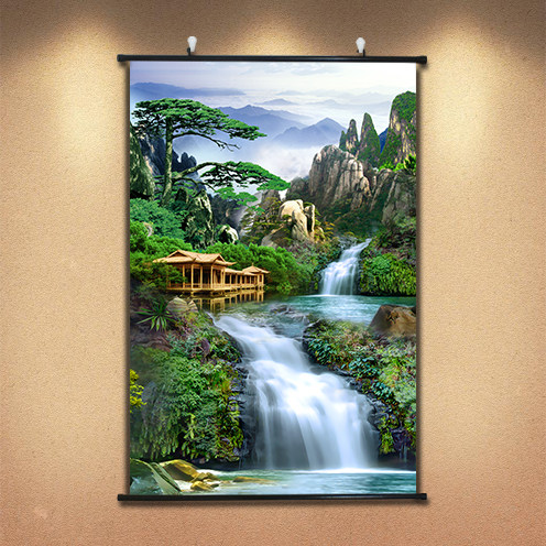 水画风景画聚宝盆客厅挂画山水仙家图海报竖版风水靠山招财有框画