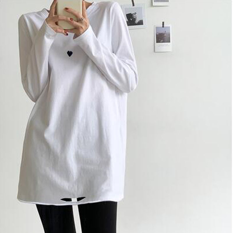 加绒长衫长袖t恤女宽松秋冬白色内搭中长款上衣加长打底衫带绒衫