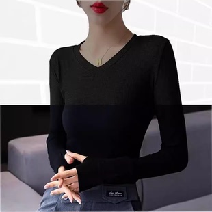 纯棉小衫连指袖套V领打底衣女春秋内搭分指手套袖上衣大码勾手指t