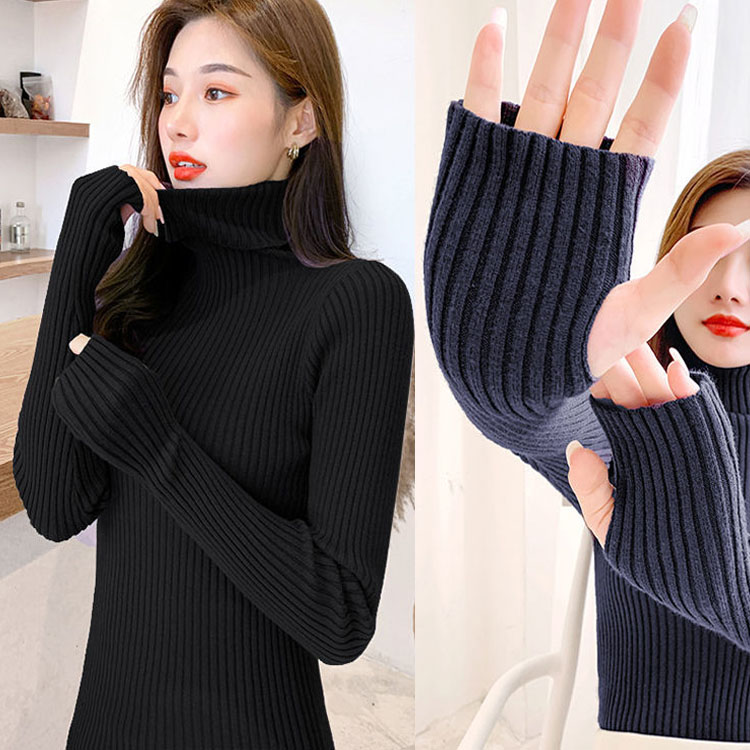 带手套毛衣女秋冬袖子加长加厚针织衫护手指洞秋衣毛织穿指打底衫