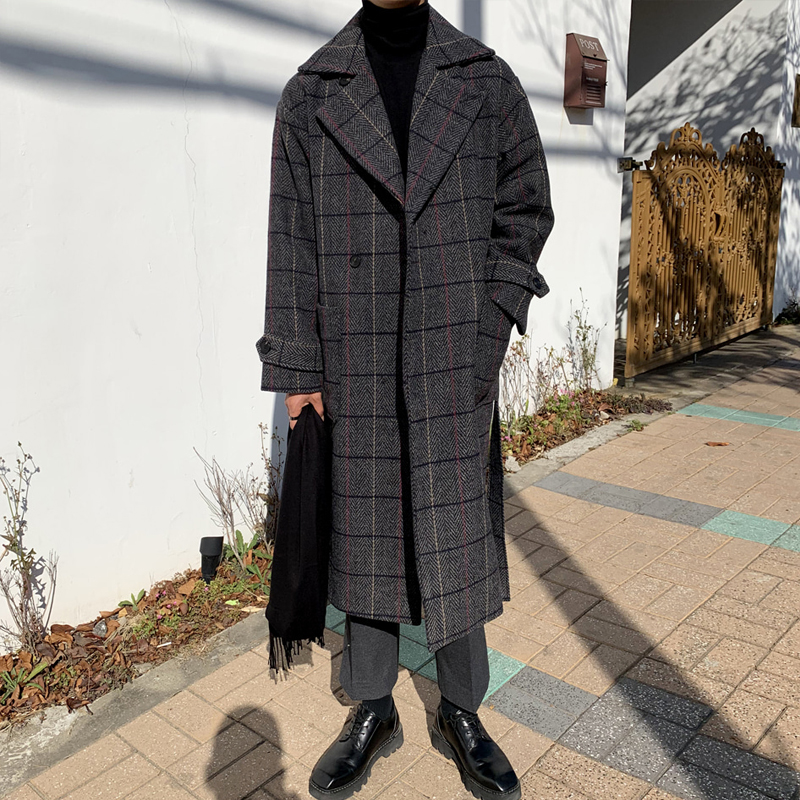毛呢格子中长款大衣男韩版宽松过膝加棉加厚呢子外套MX909-P505，男装毛呢大衣，星座713-1