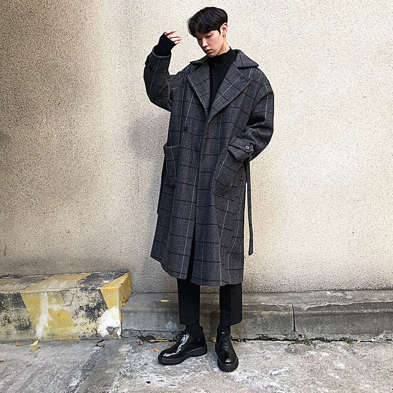 毛呢大衣男韩版宽松过膝中长款格子风衣加厚秋冬外套ＭX909-P155,男装毛呢大衣,星座1203-1