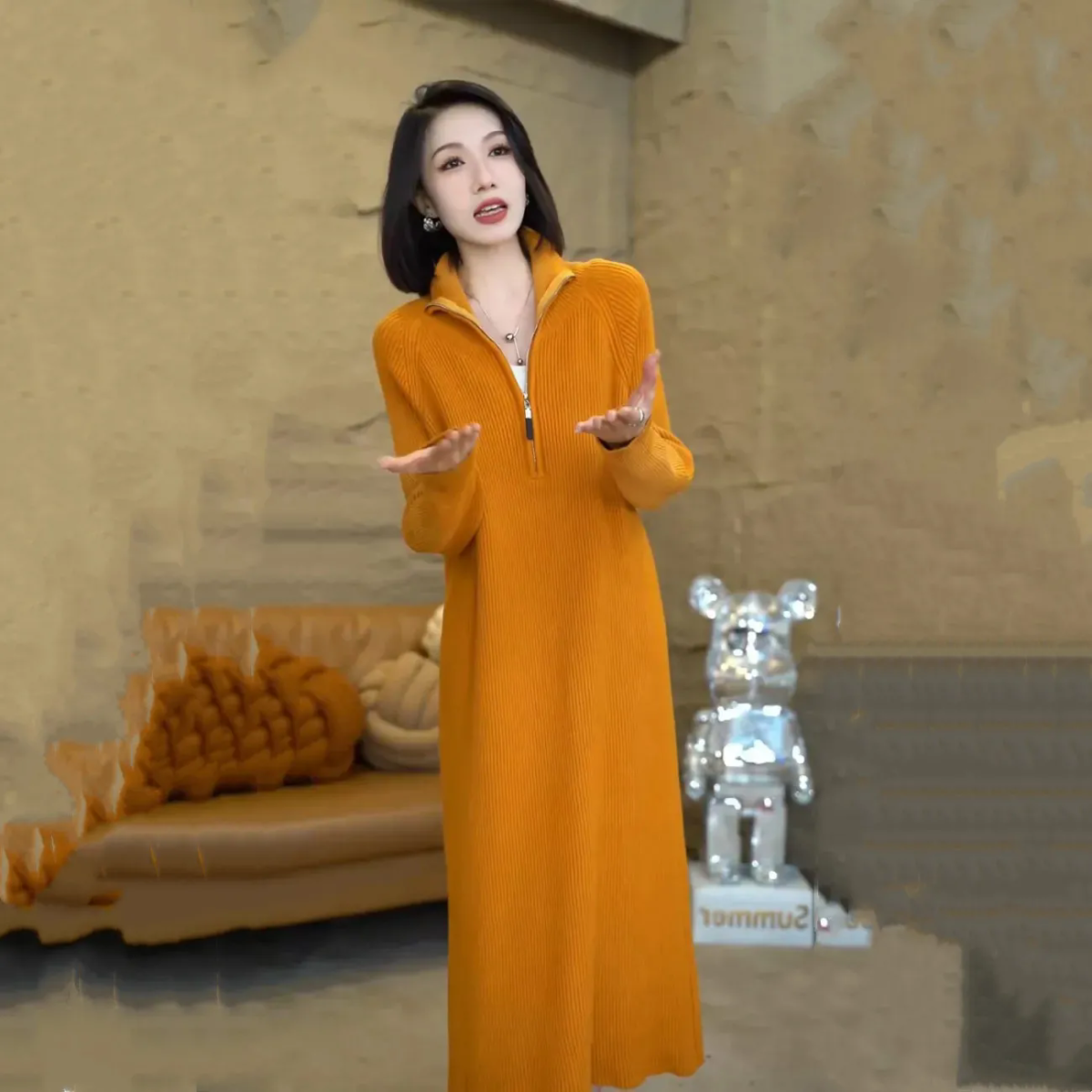 针织连衣裙女秋冬配大衣高级感