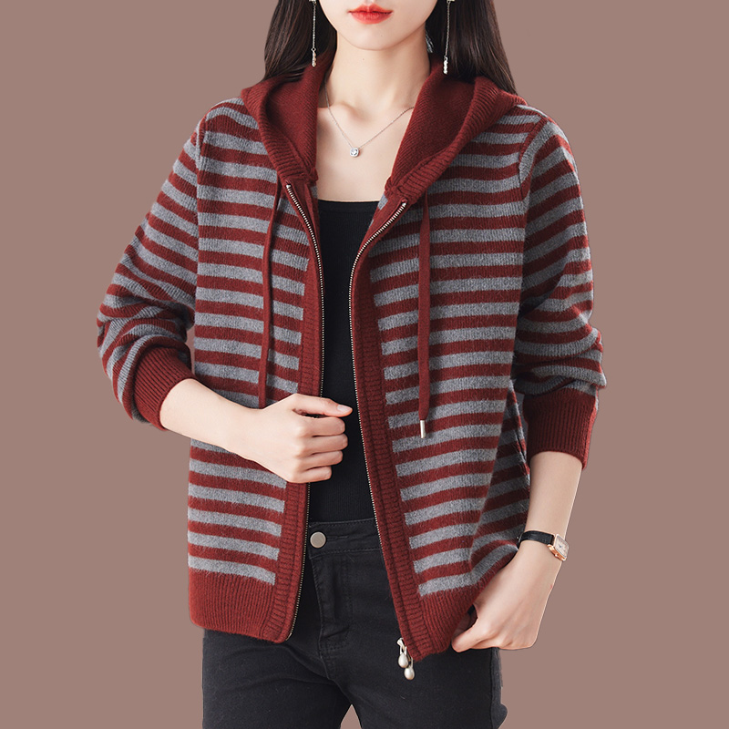 连帽条纹针织开衫女宽松显瘦